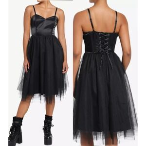 Cosmic Aura Black Corset Tulle Midi Dress Lace Up Back Size M